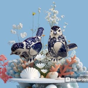 Blue and white ceramic bird figures